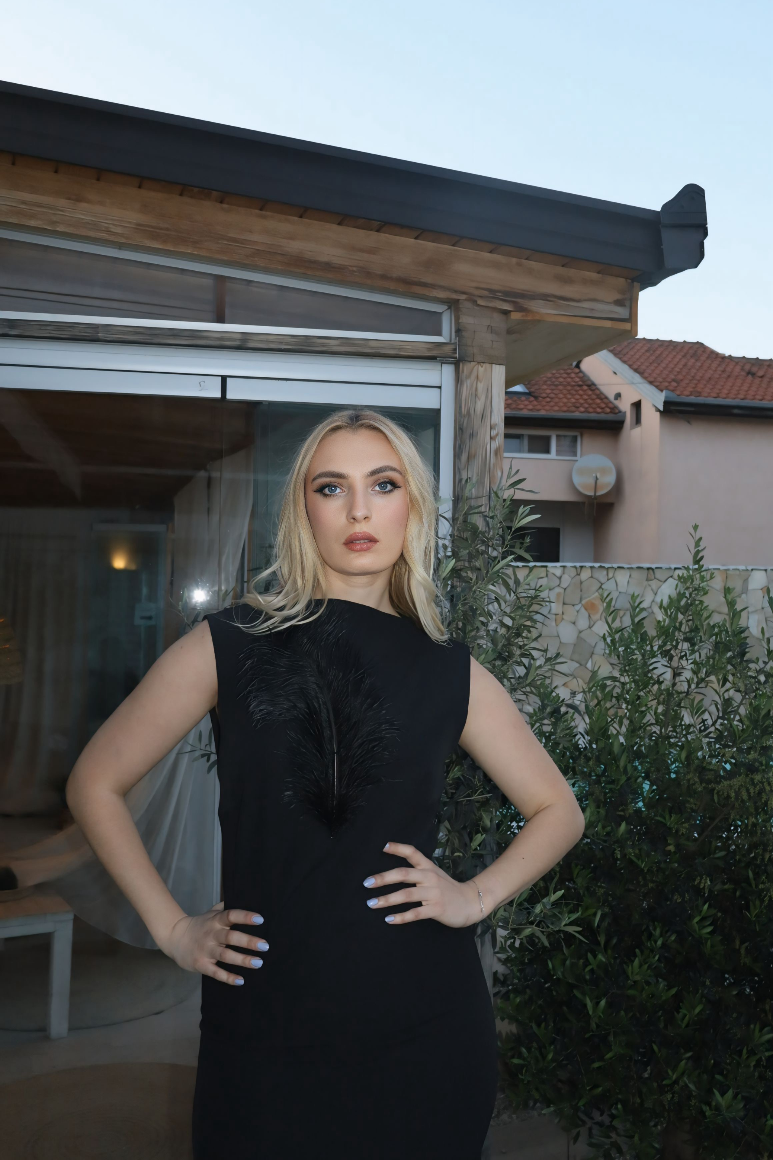Crna haljina sa prorezom i detaljem perja