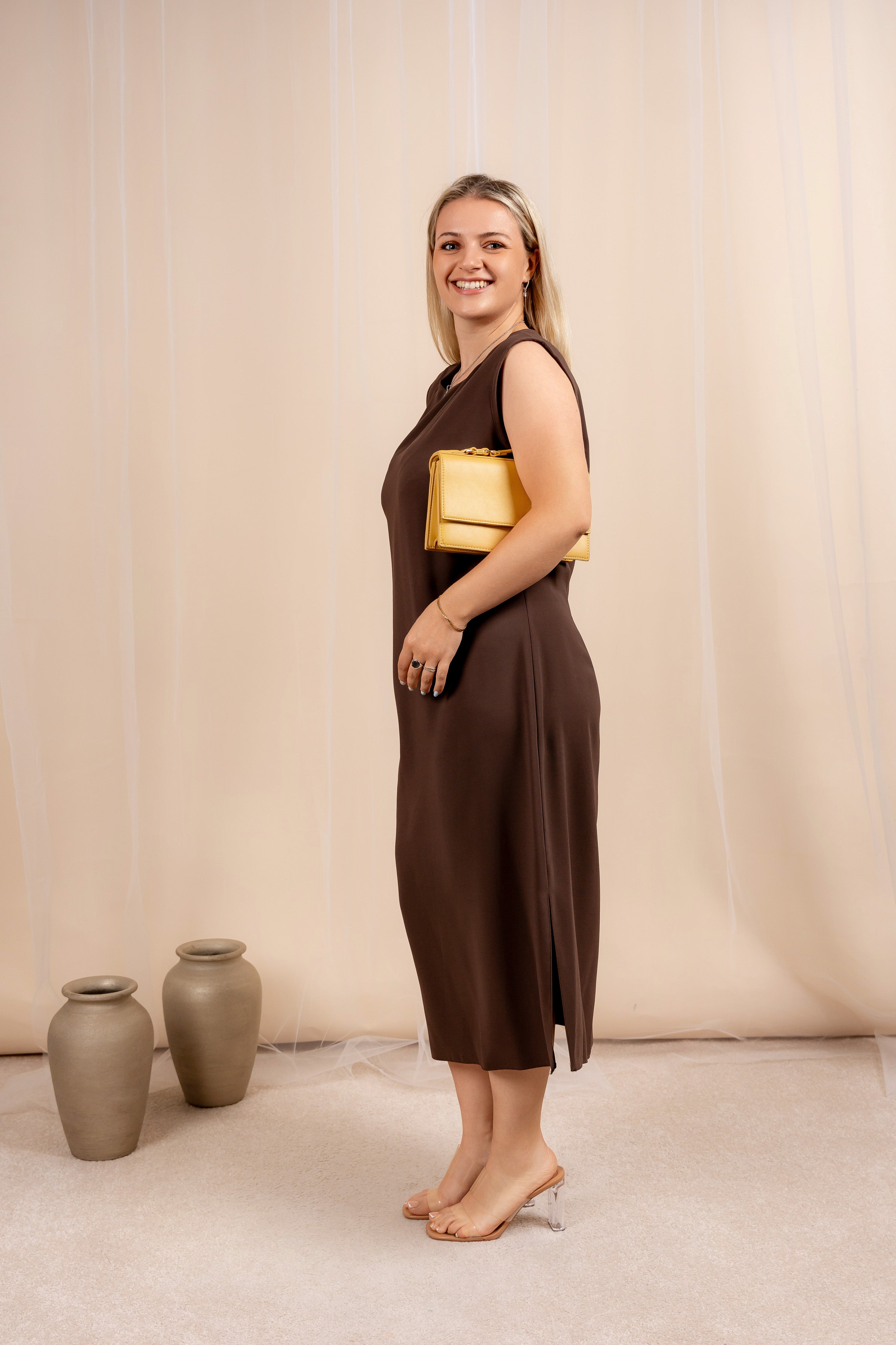 Anelia – smeđa elegantna midi haljina