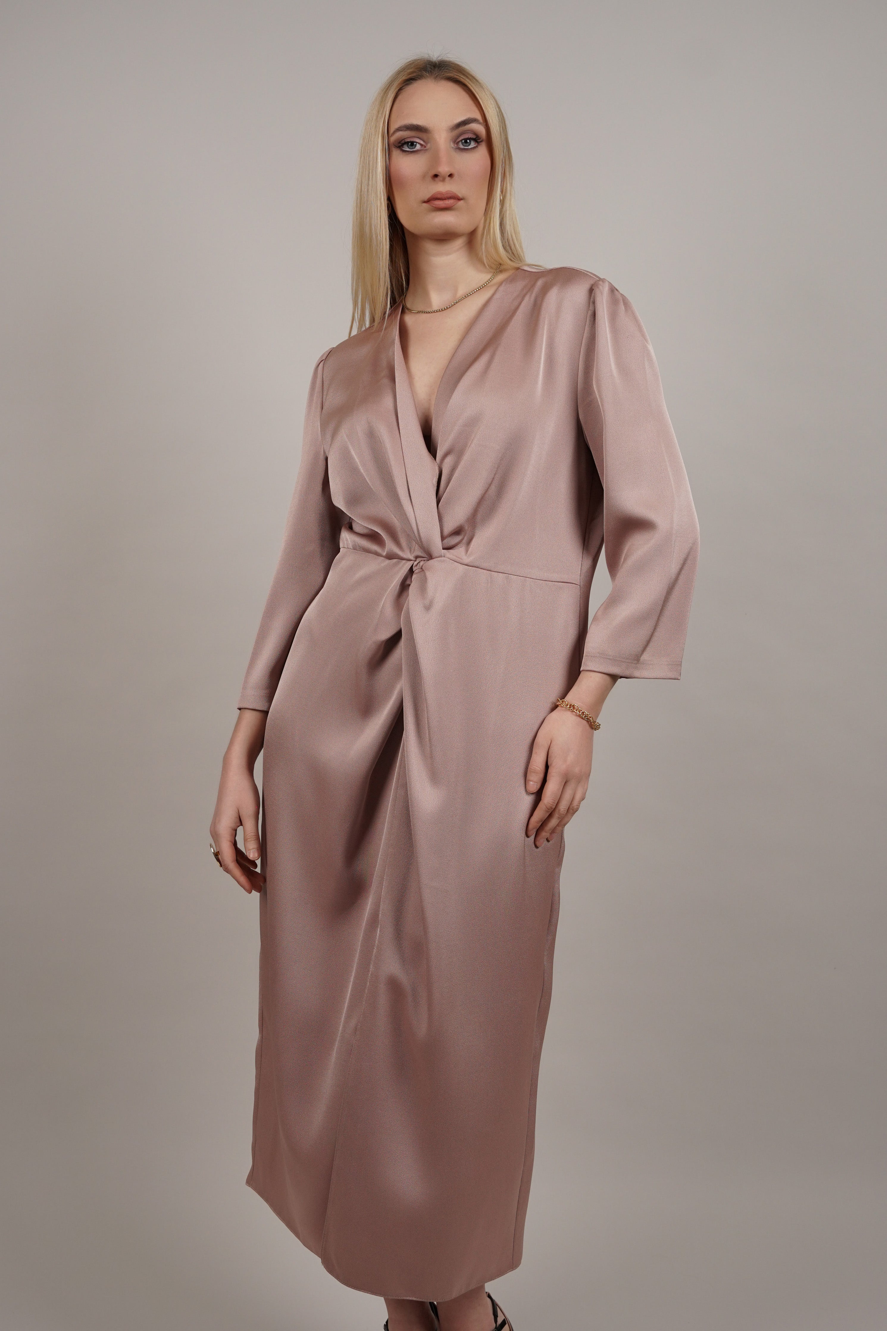 Lunaria - elegantna satenska bež midi haljina